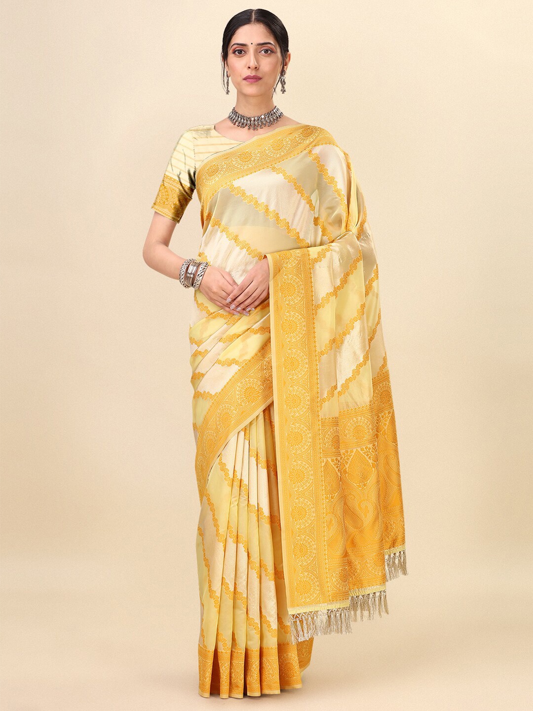 

Dhyey Fashion Woven Design Zari Detailed Art Silk Banarasi Saree, Yellow