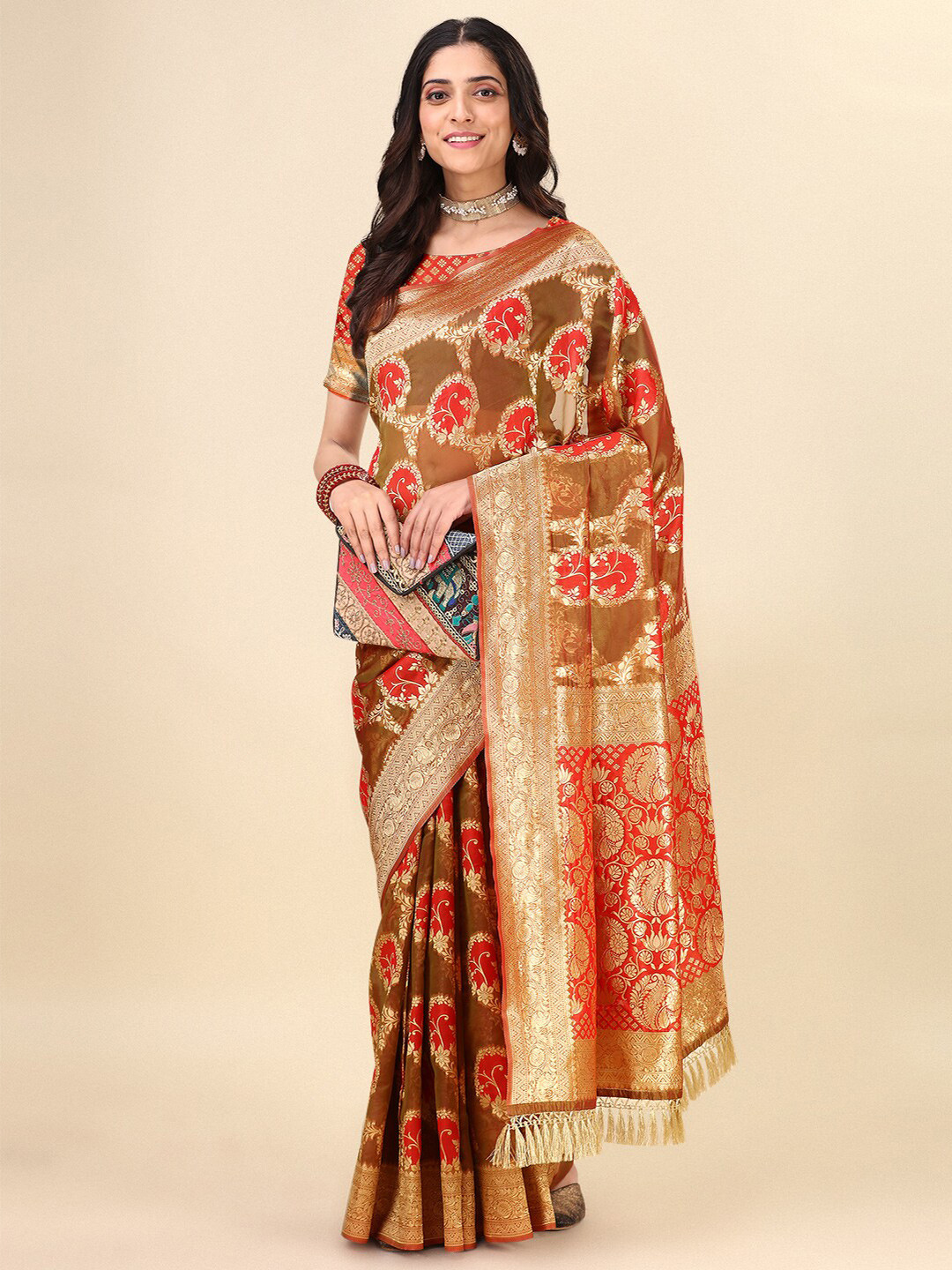 

Dhyey Fashion Floral Woven Design Zari Saree, Brown