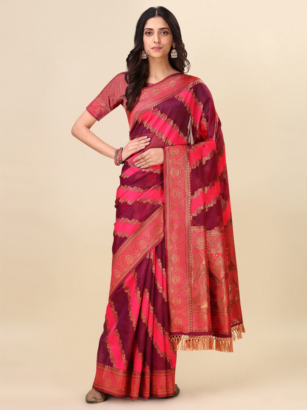 

Dhyey Fashion Woven Design Zari Silk Blend Uppada Saree, Pink
