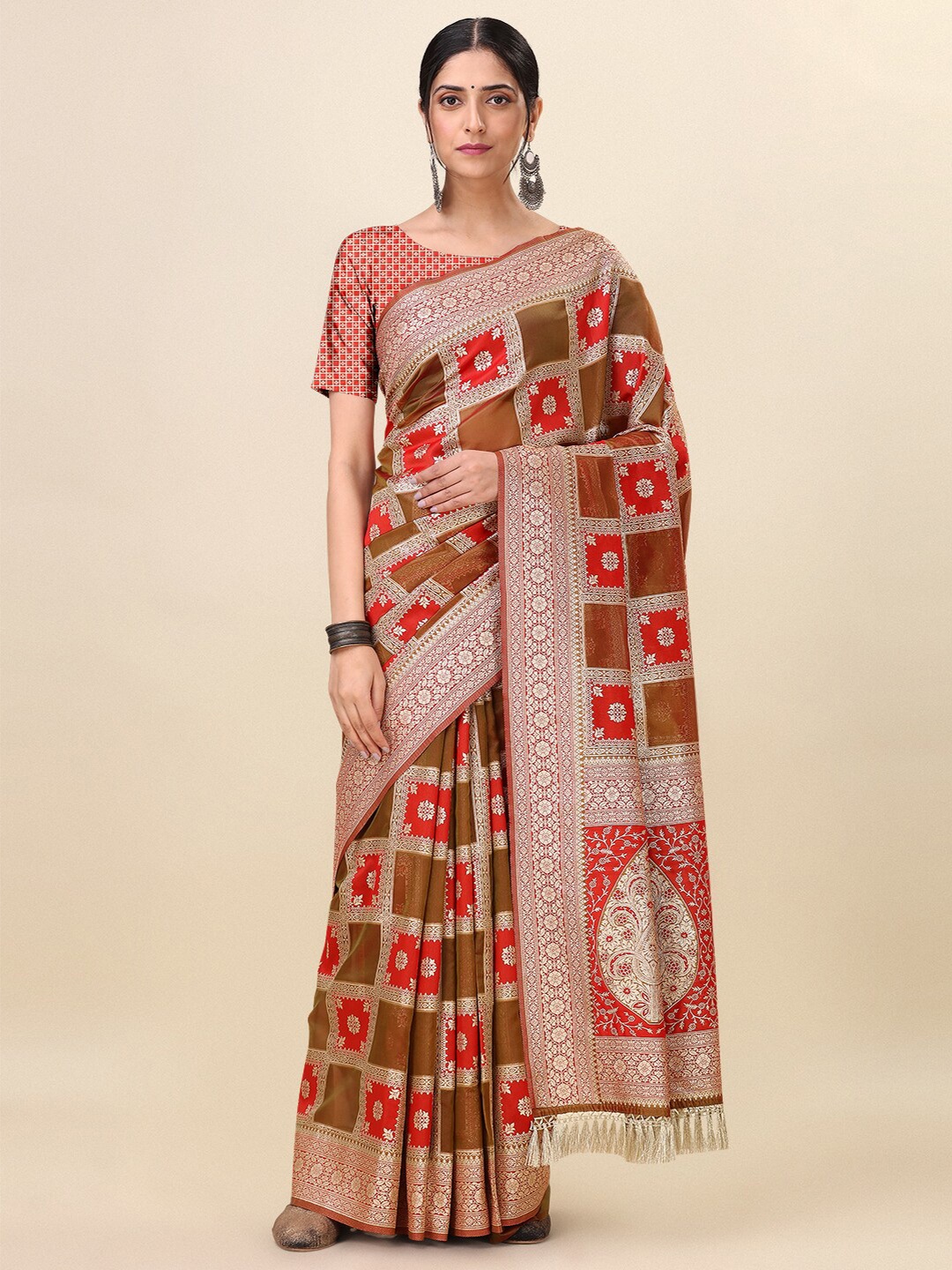 

Dhyey Fashion Floral Woven Design Zari Saree, Red