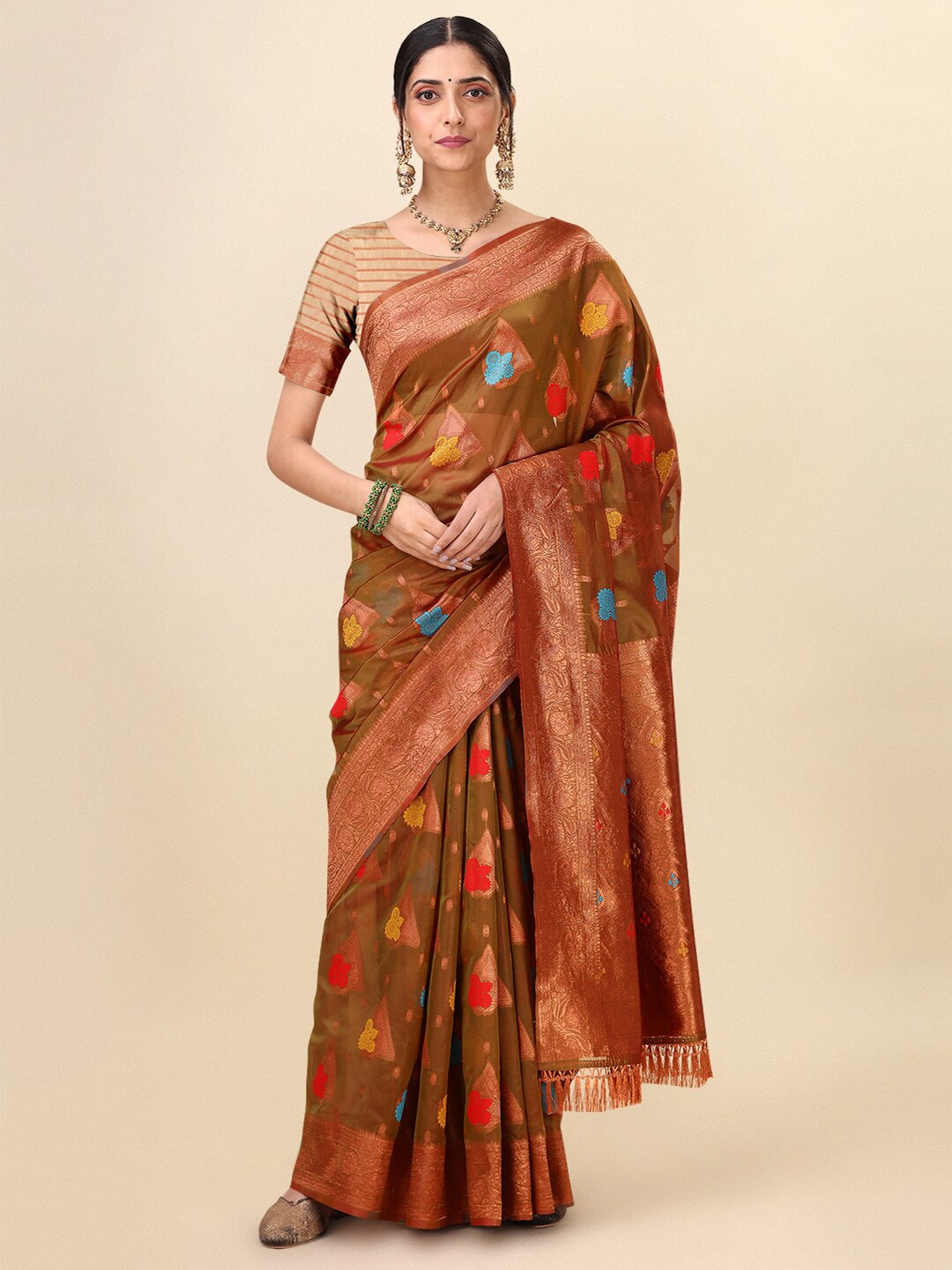 

Dhyey Fashion Floral Woven Design Zari Saree, Brown