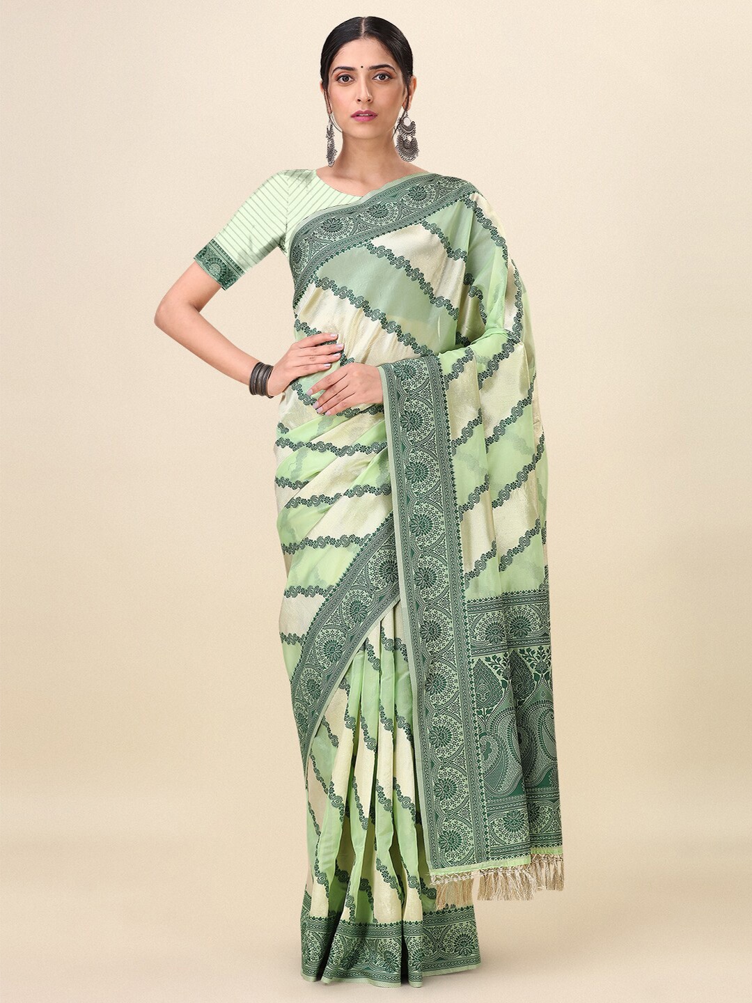 

Dhyey Fashion Floral Woven Design Zari Uppada Saree, Green
