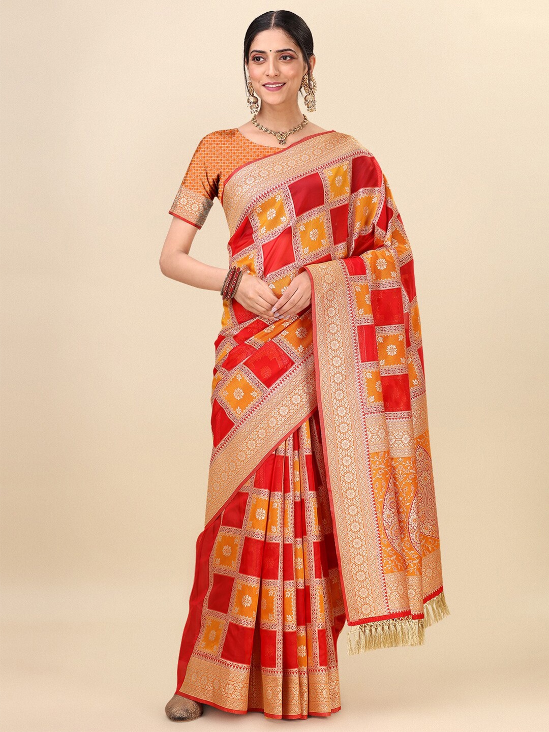 

Dhyey Fashion Floral Woven Design Zari Kasavu Saree, Red