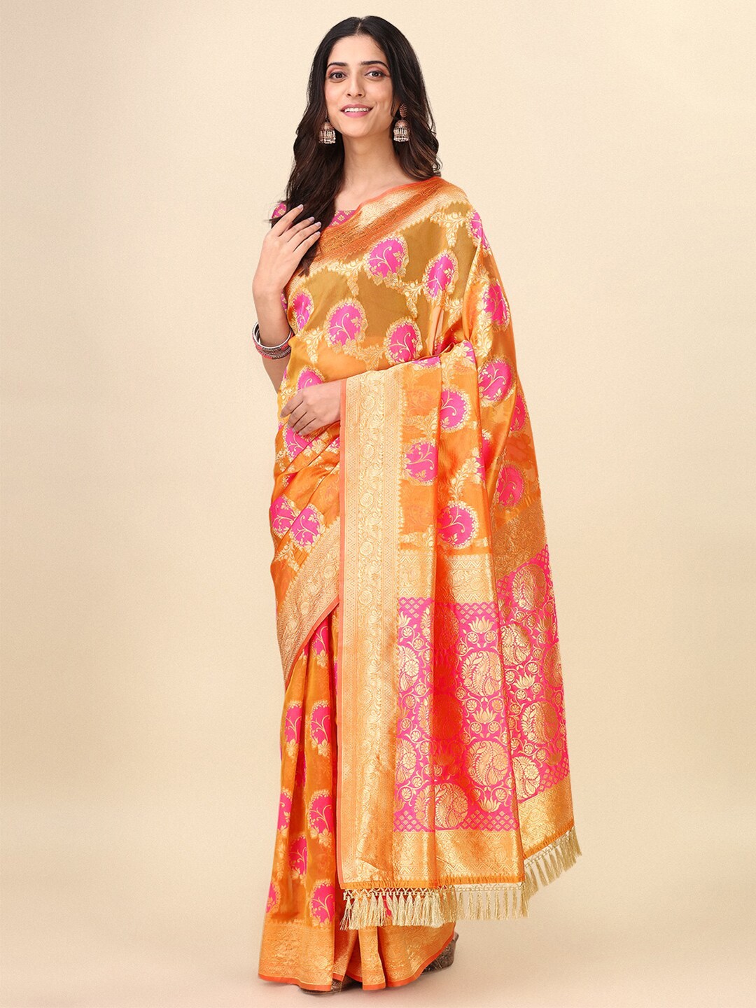 

Dhyey Fashion Woven Design Zari Detailed Art Silk Banarasi Saree, Yellow