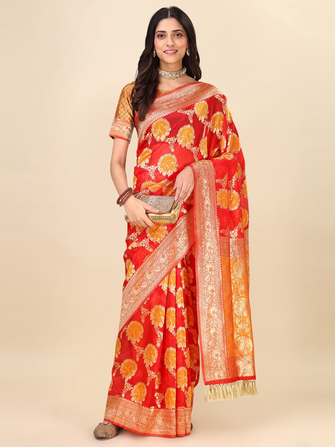 

Dhyey Fashion Floral Woven Design Zari Kasavu Saree, Red
