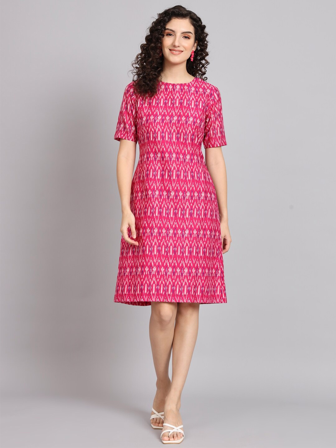 

PowerSutra Ethnic Print Cotton A-Line Dress, Pink