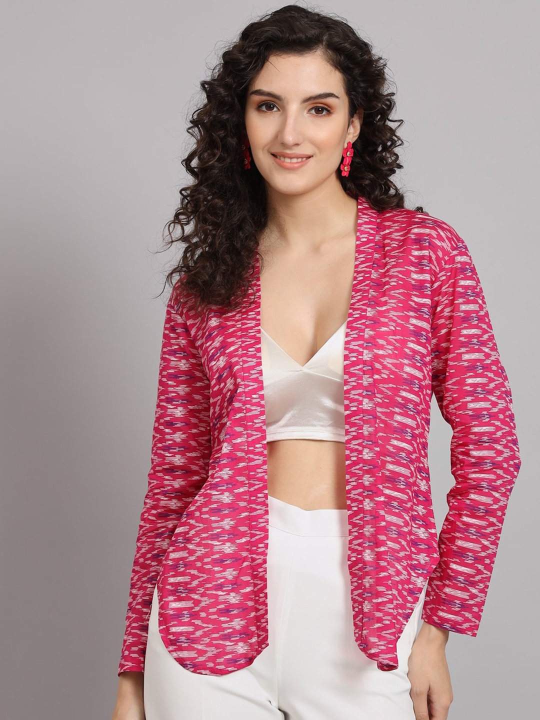 

PowerSutra Floral Printed Lightweight Cotton Open Front Jacket, Pink