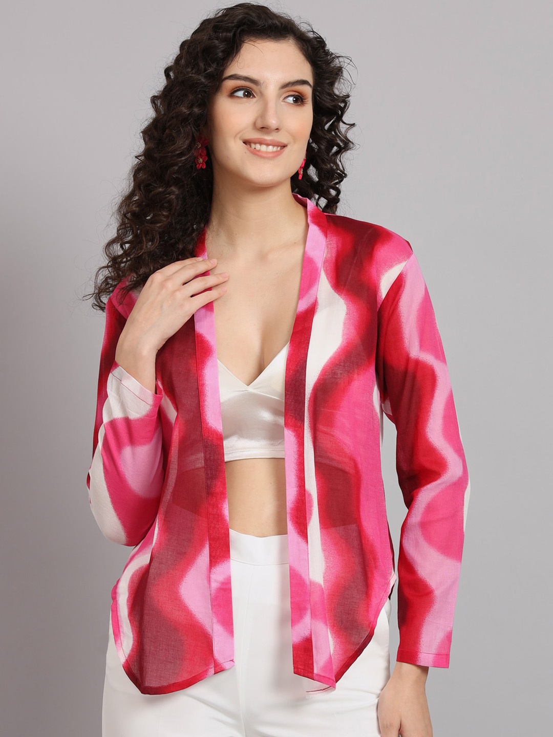 

PowerSutra Abstract Printed Lightweight Cotton Open Front Jacket, Pink