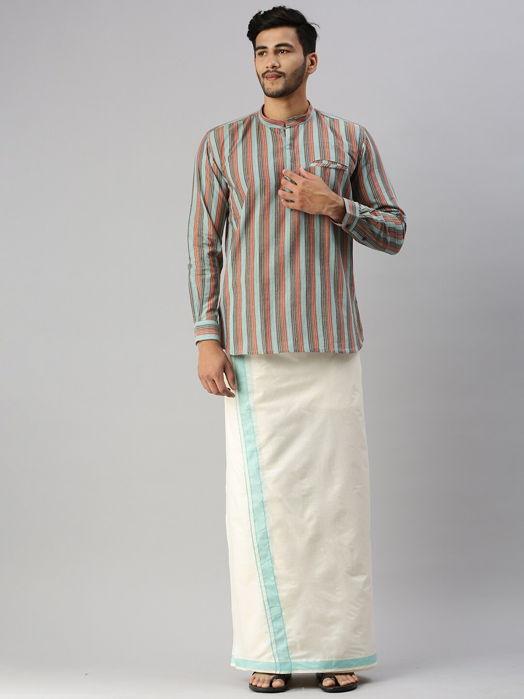 

Ramraj Striped Pure Cotton Kurta With Veshti, Grey