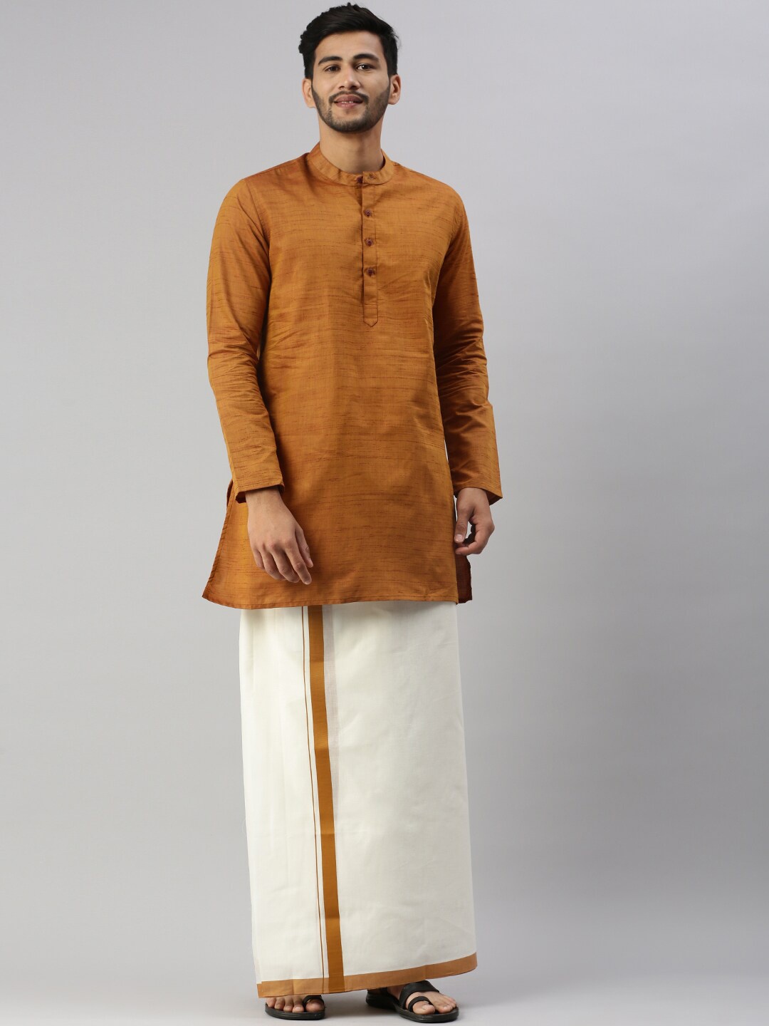 

Ramraj Band Collar Kurta With Dhoti, Mustard