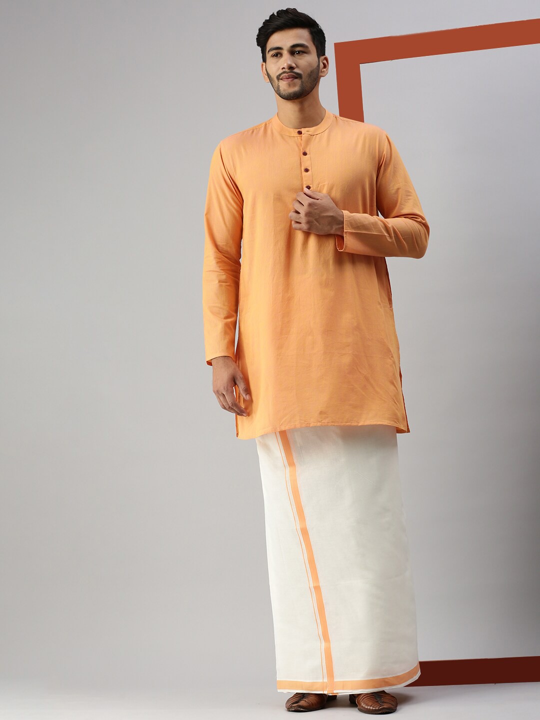 

Ramraj Band Collar Pure Cotton Kurta With Veshti, Orange