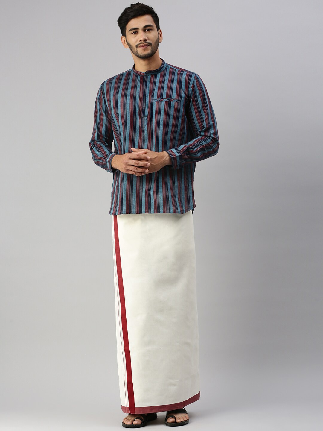 

Ramraj Striped Pure Cotton Kurta With Veshti, Blue