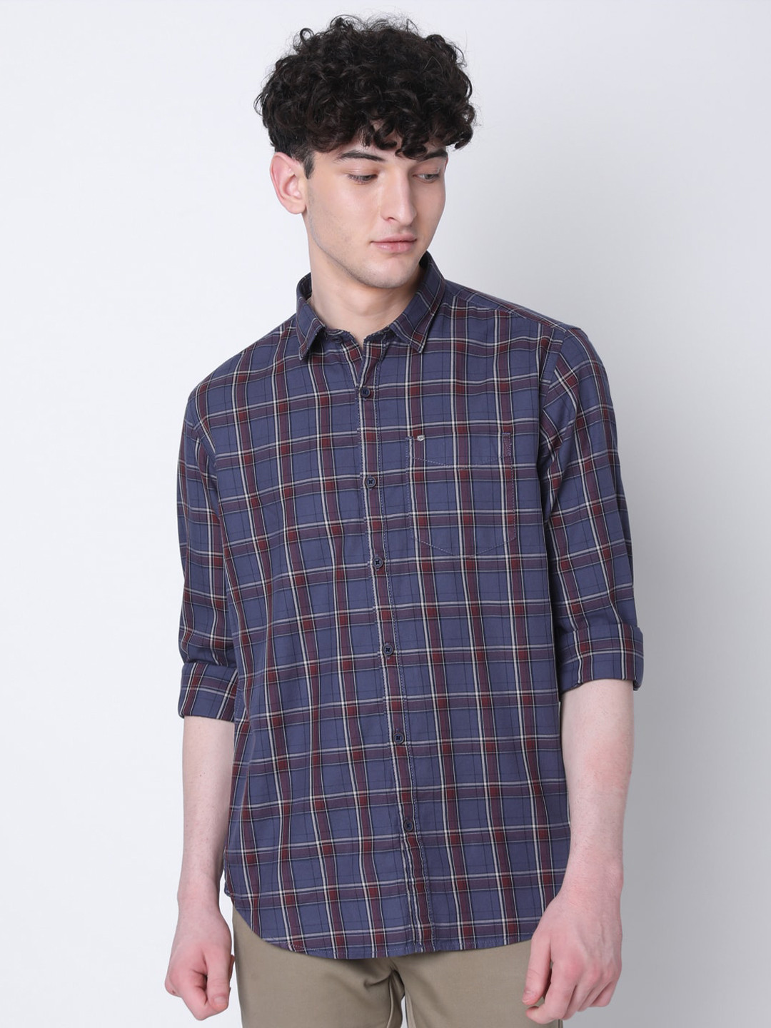 

MOZZO Classic Slim Fit Checked Cotton Casual Shirt, Grey