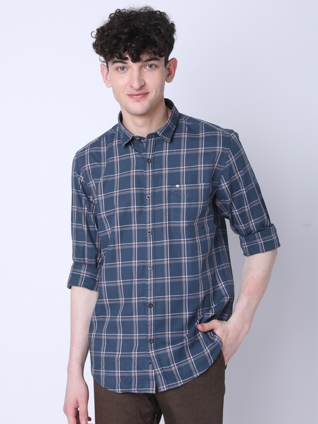 

MOZZO Classic Slim Fit Opaque Checked Cotton Shirt, Navy blue