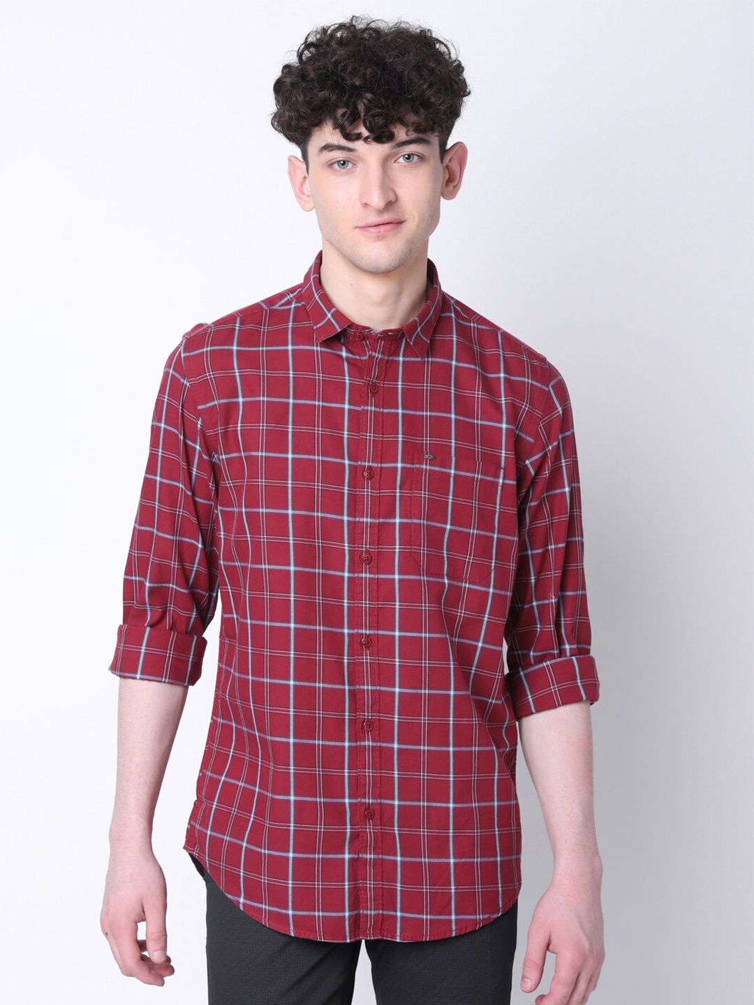 

MOZZO Tartan Checked Classic Slim Fit Opaque Cotton Casual Shirt, Red