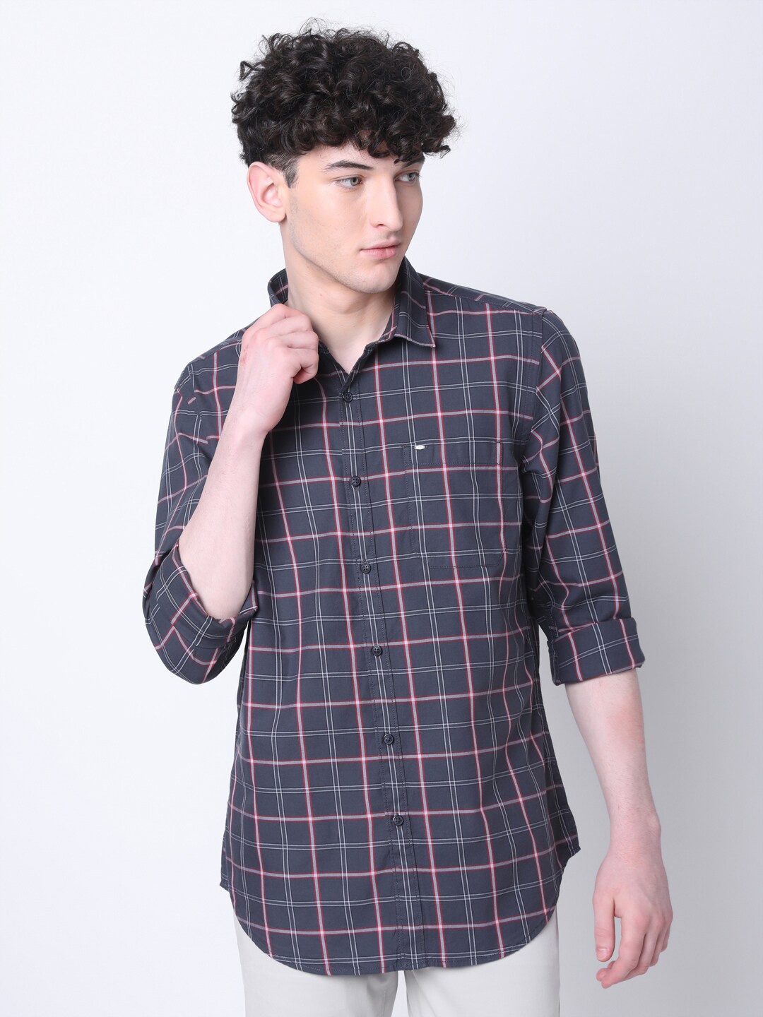 

MOZZO Classic Regular Fit Checked Spread Collar Cotton Casual Shirt, Grey