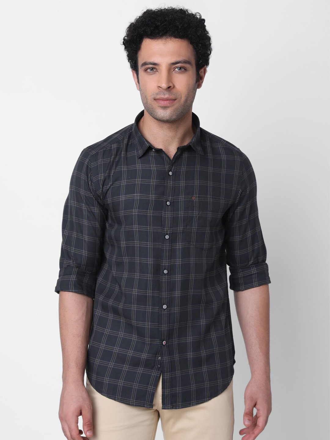 

MOZZO Classic Slim Fit Grid Tattersall Checks Opaque Checked Cotton Shirt, Grey