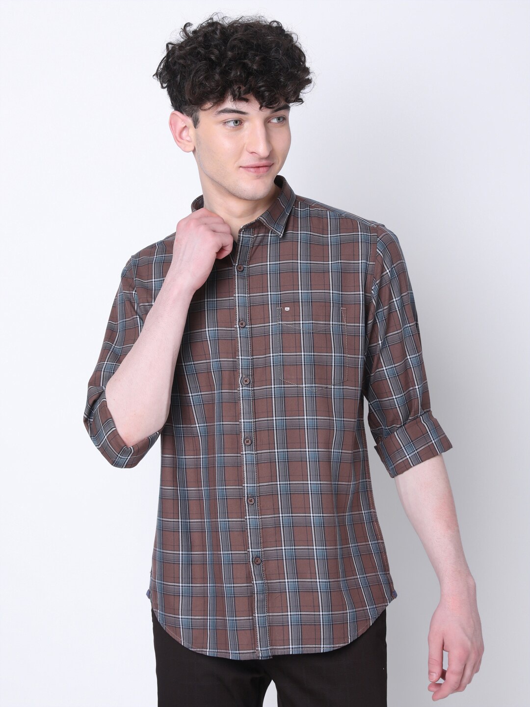 

MOZZO Tartan Checked Classic Slim Fit Opaque Cotton Casual Shirt, Brown