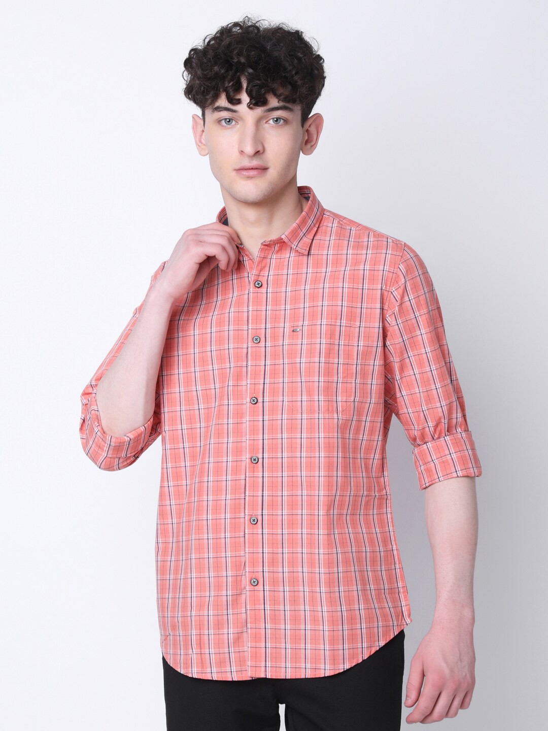 

MOZZO Classic Slim Fit Opaque Checked Cotton Casual Shirt, Coral