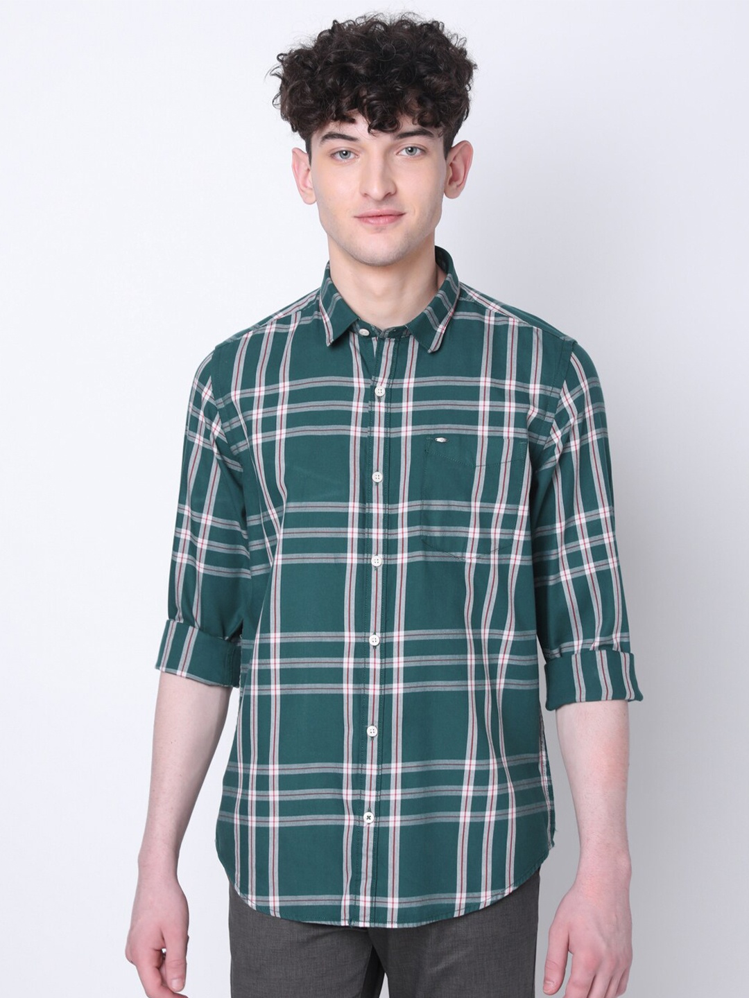 

MOZZO Classic Regular Fit Windowpane Checks Checked Cotton Casual Shirt, Green