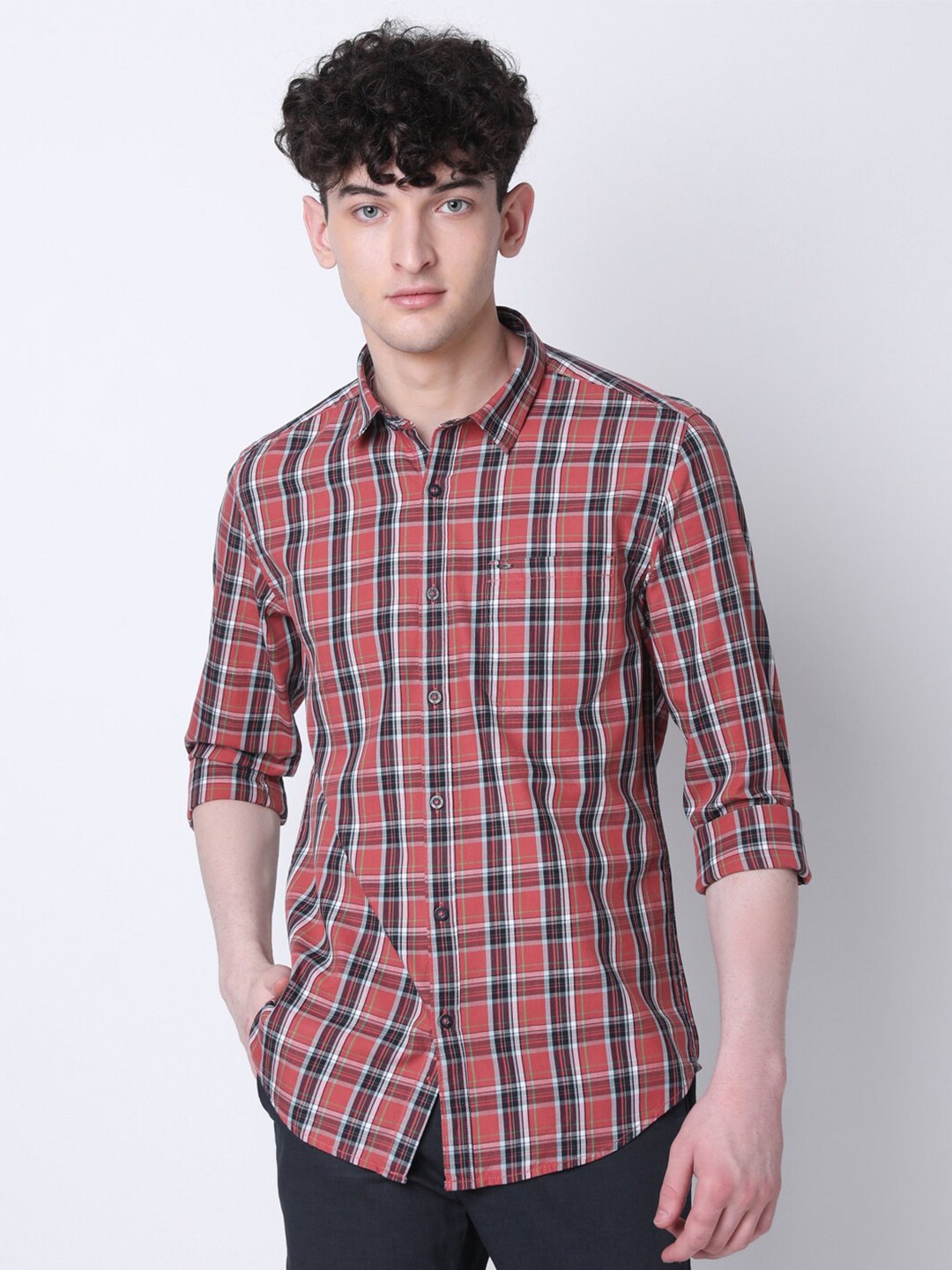 

MOZZO Classic Tartan Checks Cotton Casual Shirt, Coral