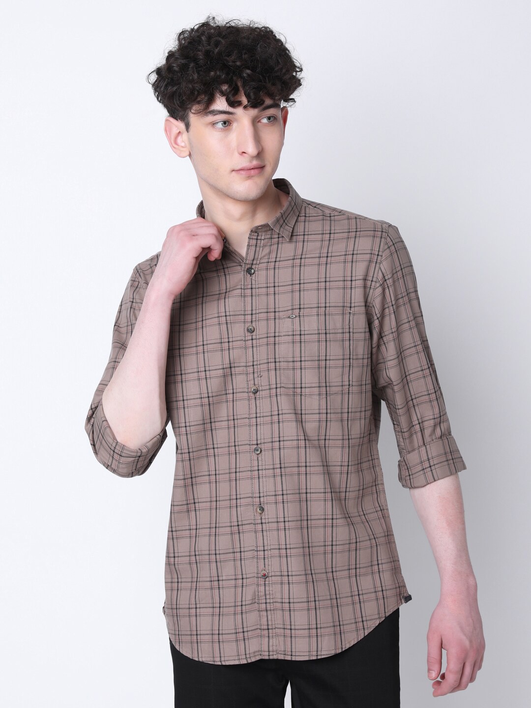 

MOZZO Classic Tartan Checks Cotton Casual Shirt, Brown