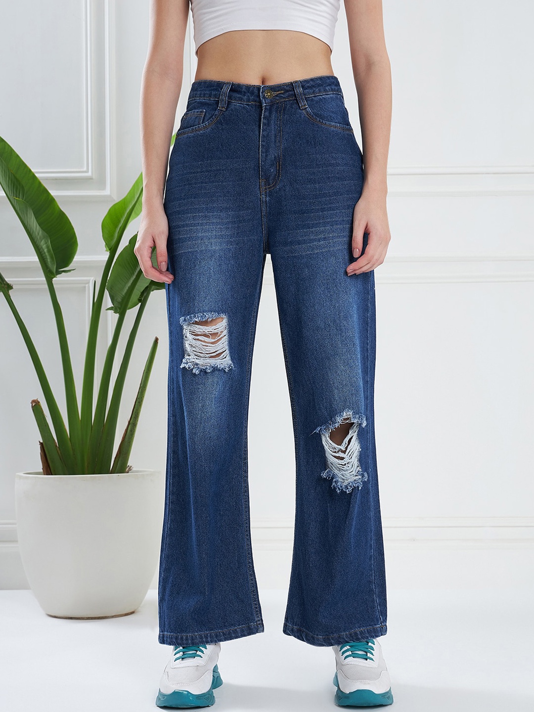 

KASSUALLY Women Navy Blue Flared Mildly Distressed Light Fade Pure Cotton Jeans