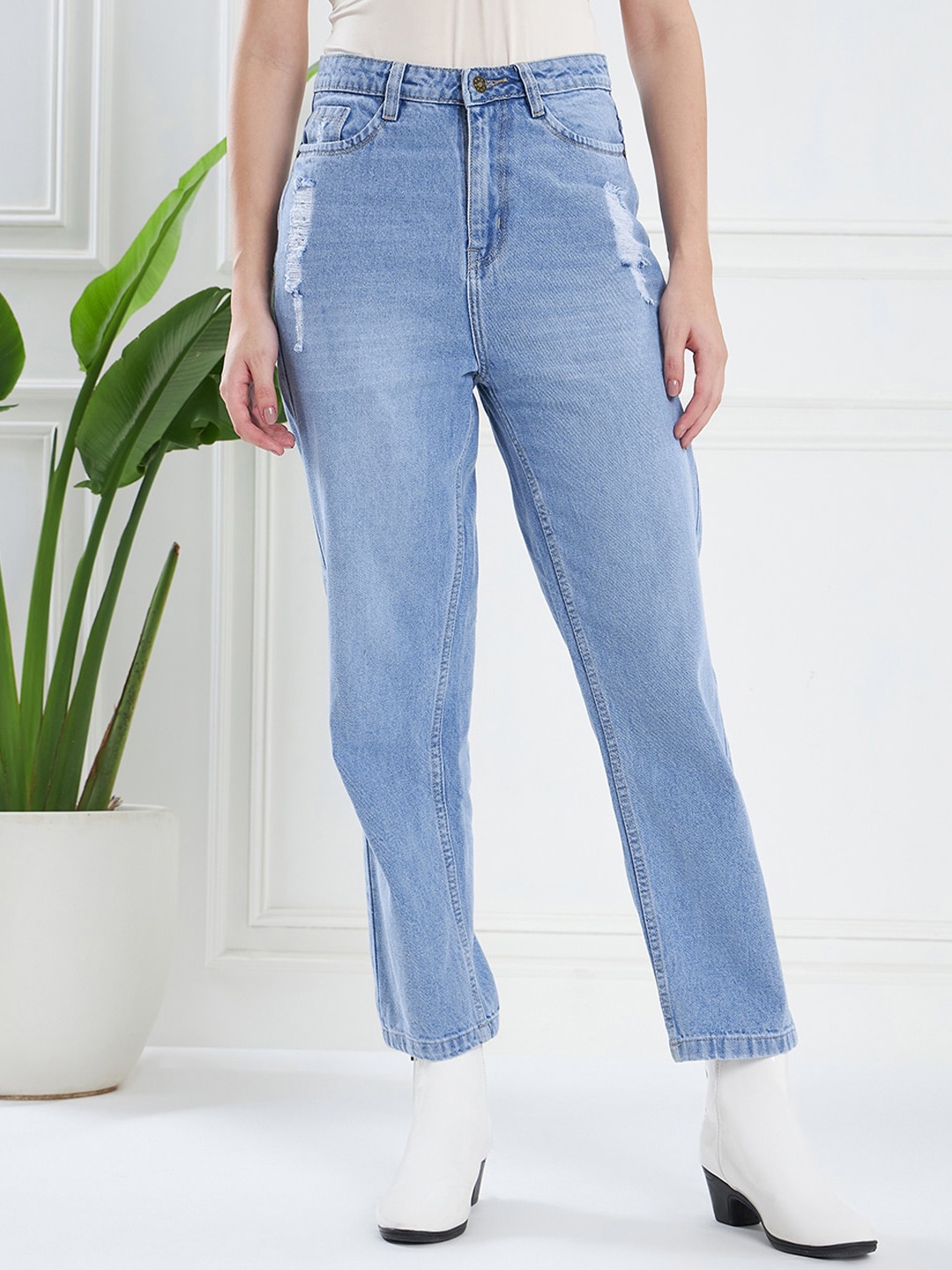 

KASSUALLY Women Blue Mom Fit Low Distress Light Fade Pure Cotton Jeans