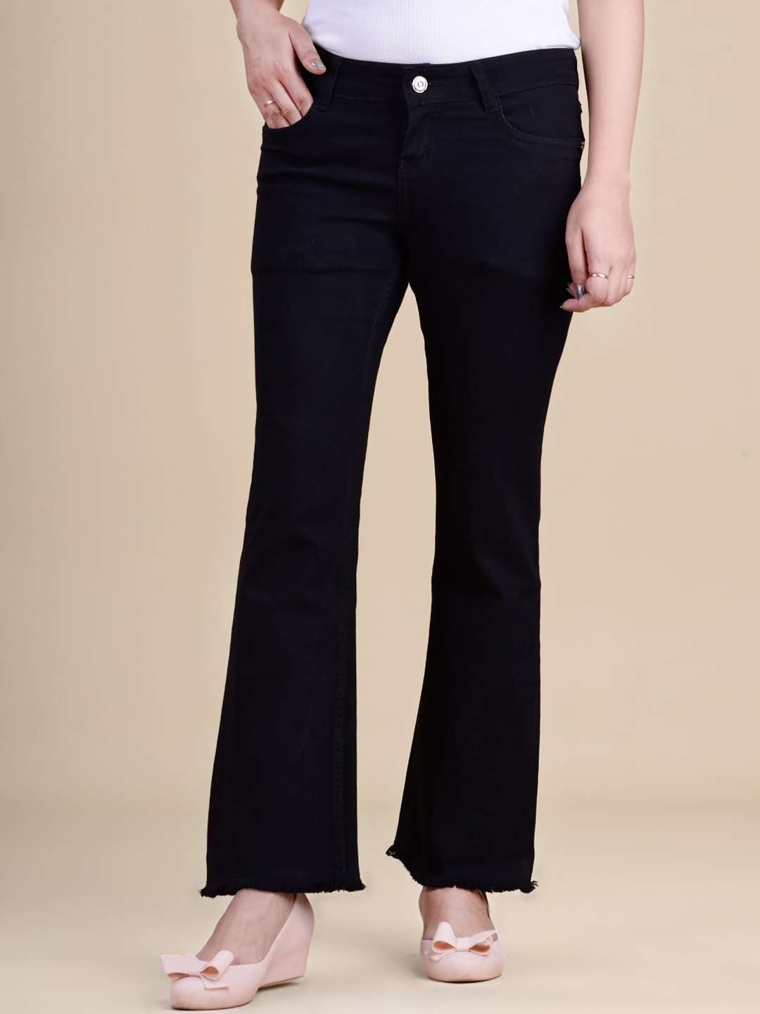 

Quassia Women Skin Tight Bootcut Low-Rise Frayed Hem Cotton Jeans, Black
