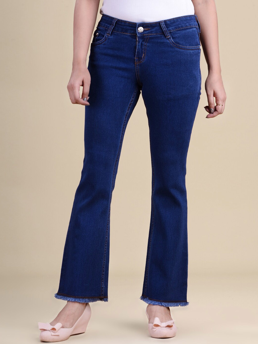 

Quassia Women Skin Tight Bootcut Low Distress Frayed Hem Cotton Jeans, Blue
