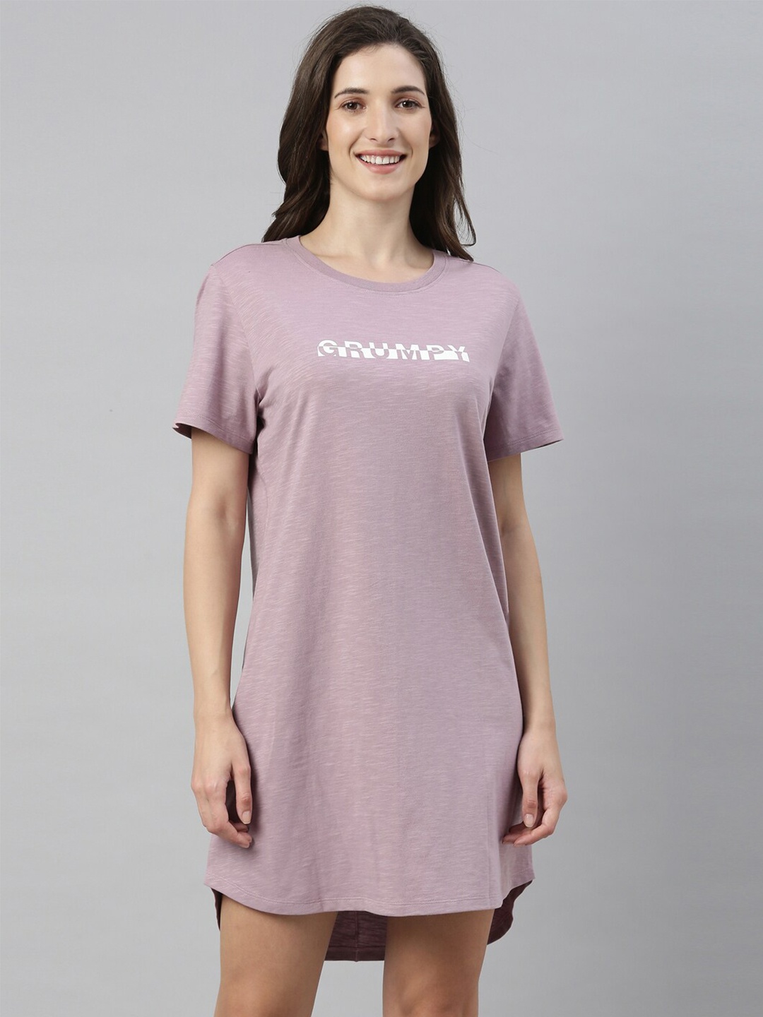

Enamor Typography Printed Pure Cotton T-Shirt Nightdress, Mauve