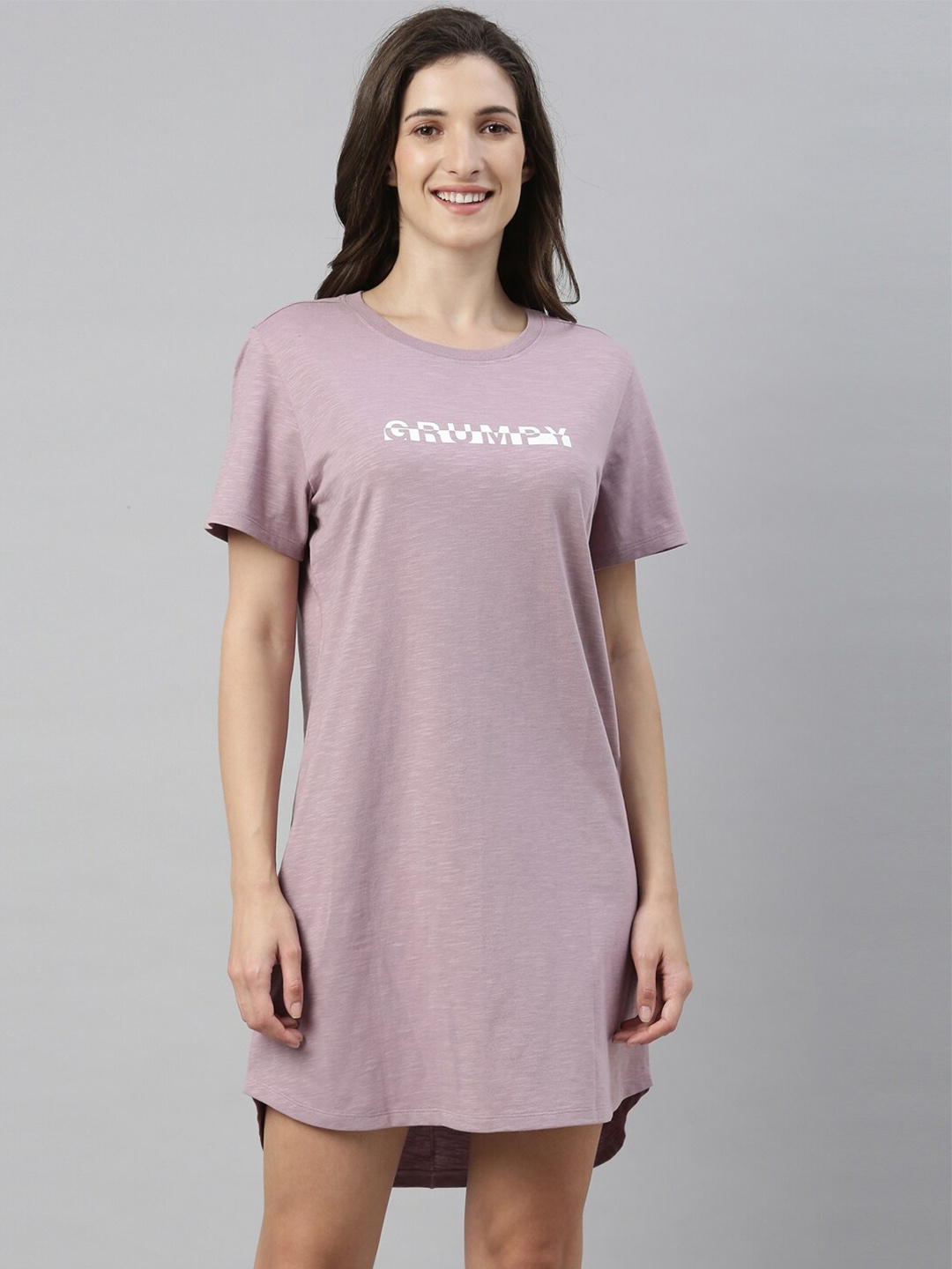

Enamor Typography Printed Pure Cotton T-Shirt Nightdress, Mauve