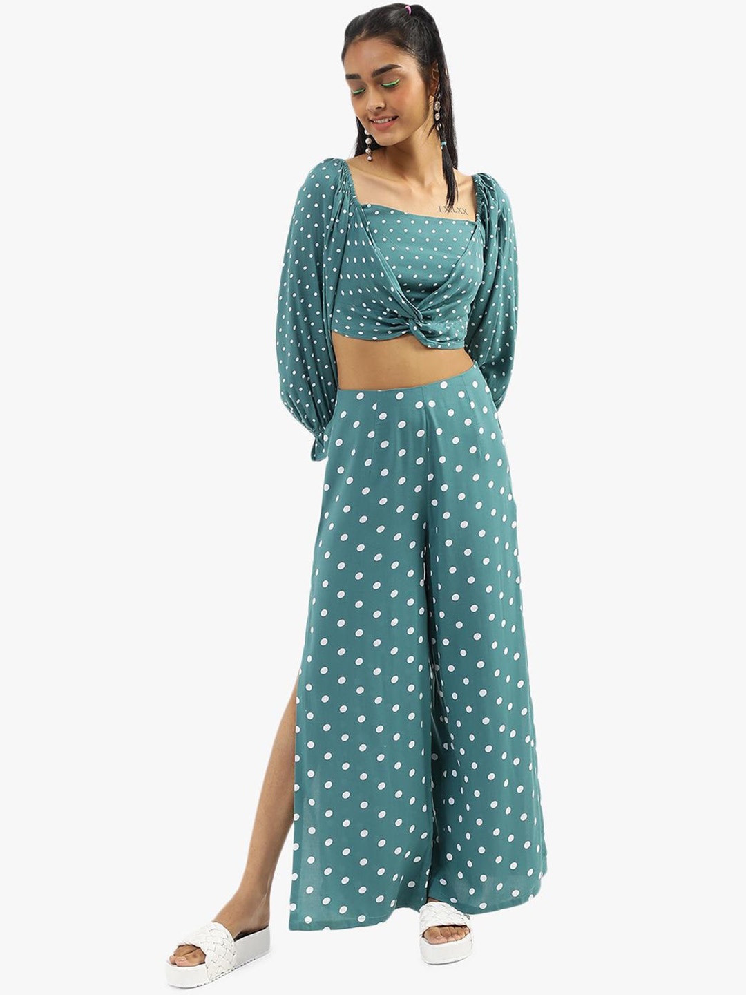 

Virgio Polka Dots Printed Top With Palazzo, Teal