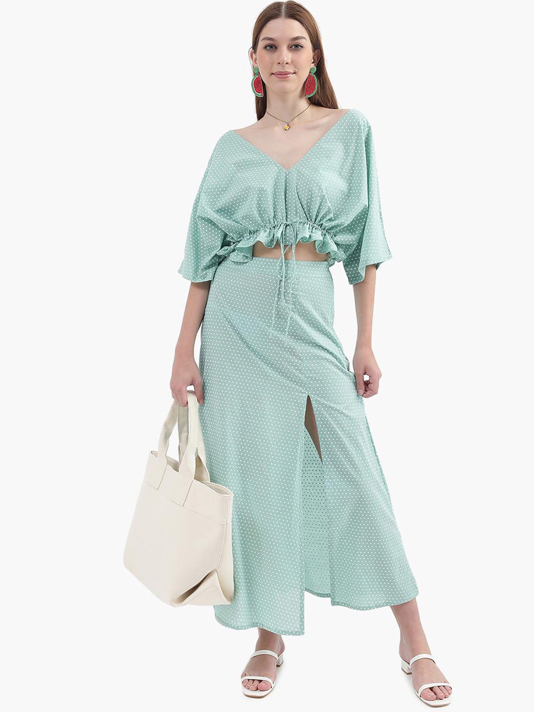 

Virgio Polka Dot Printed V- Neck Top With Slit Skirt, Sea green