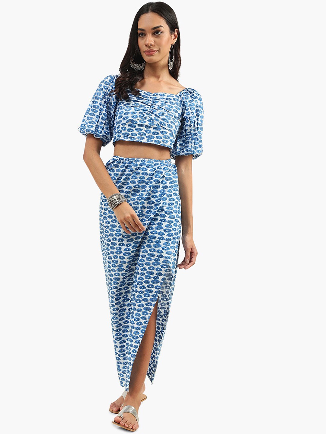 

Virgio Floral Printed Puff Sleeve Pure Cotton Top With Skirt, White