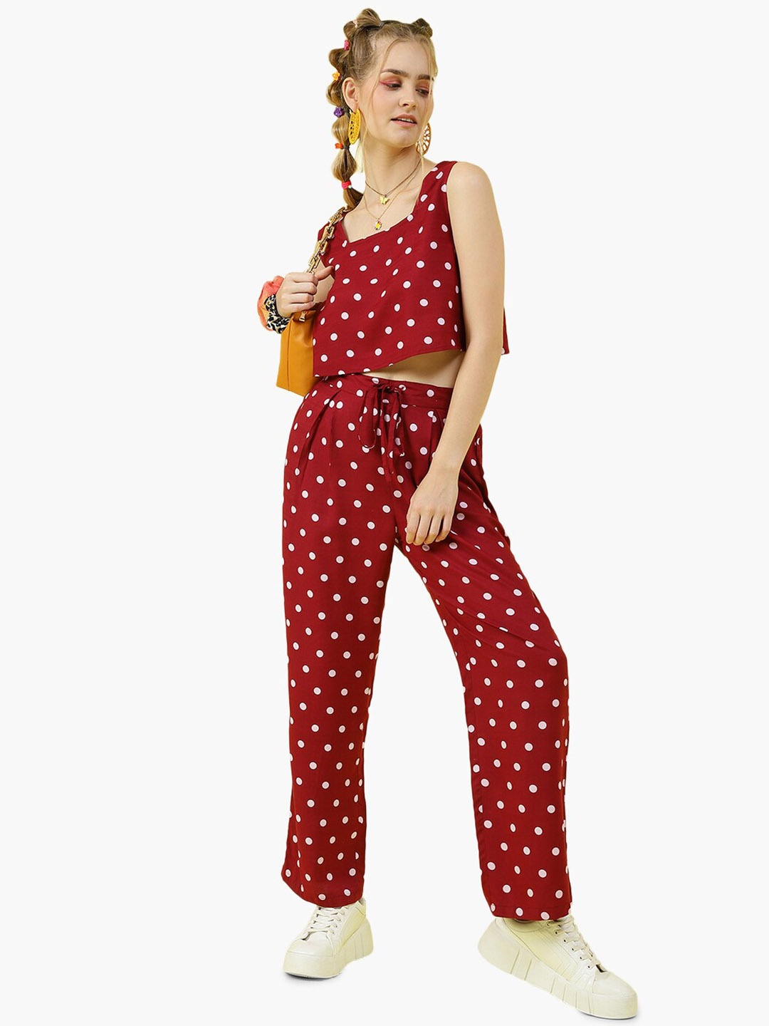 

Virgio Polka Dot Printed Sleeveless Top With Trousers Co-Ords, Maroon