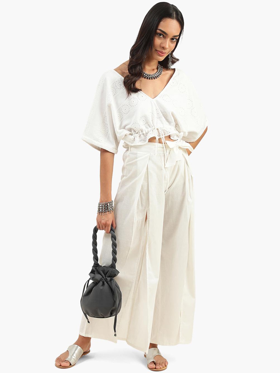 

Virgio Self-Design Schiffli Top and Trousers, White