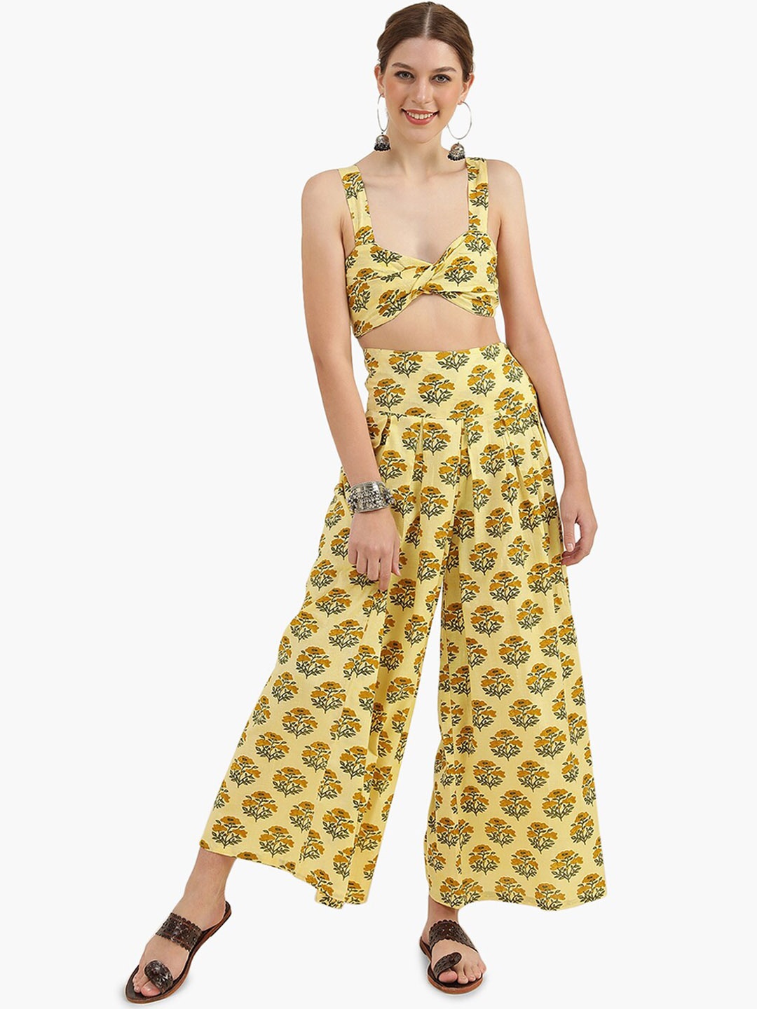 

Virgio Floral Printed Pure Cotton Top and Palazzos, Yellow