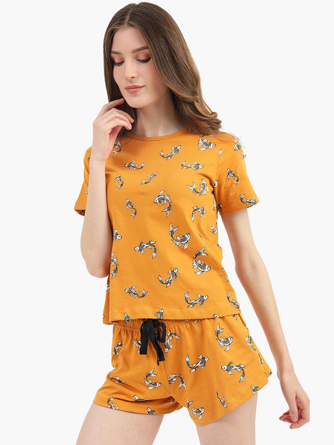 

Virgio Graphic Printed Pure Cotton Night suit, Yellow