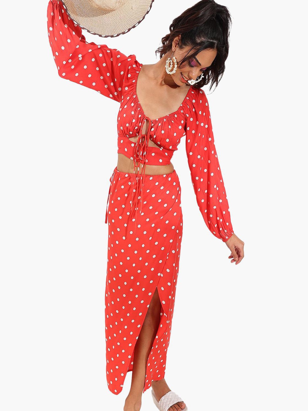 

Virgio Polka Dots Printed Bustier Top & Skirt, Red