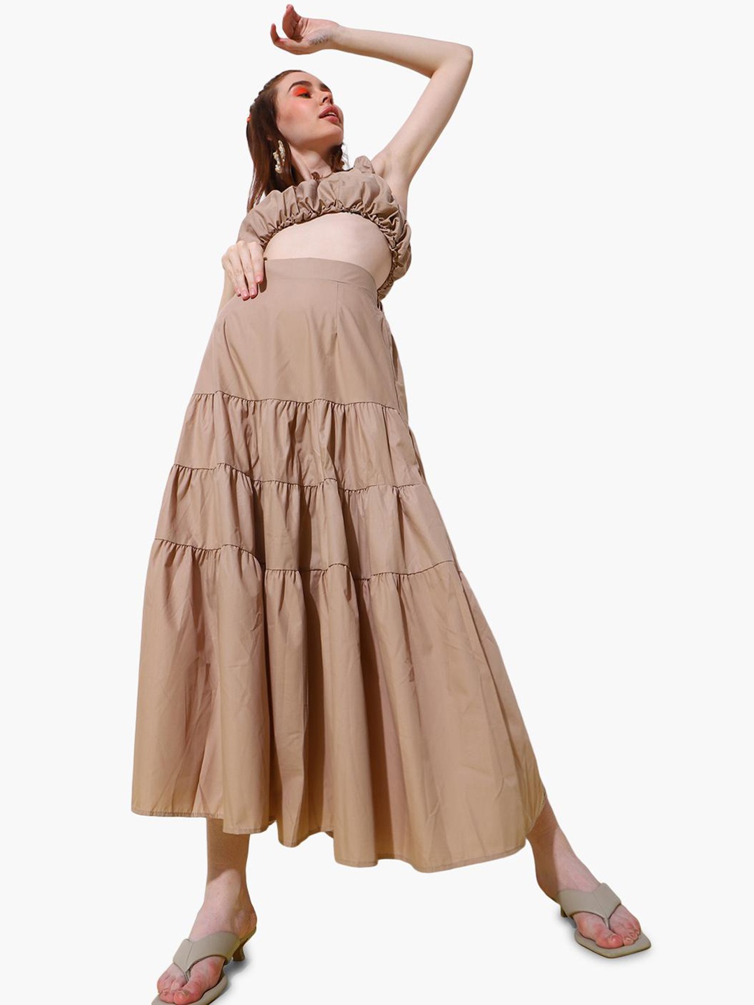 

Virgio Sleeveless Tiered Crop Top With Skirt, Beige