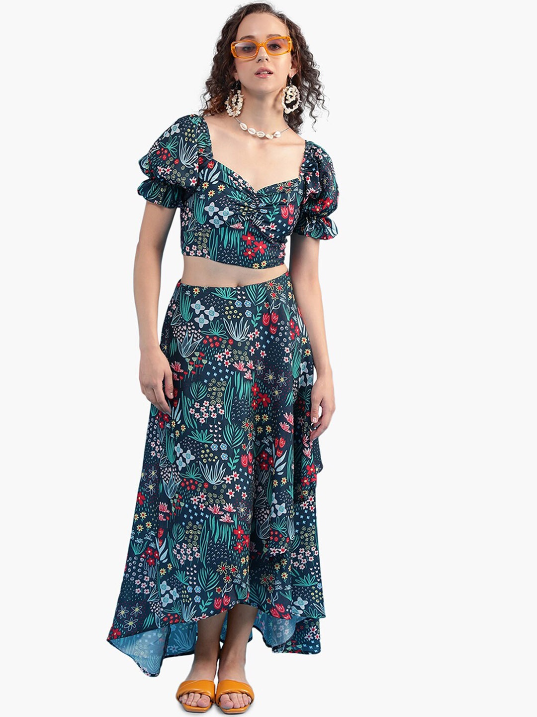 

Virgio Printed Pure Cotton Back Tie Up Top With Skirt, Blue