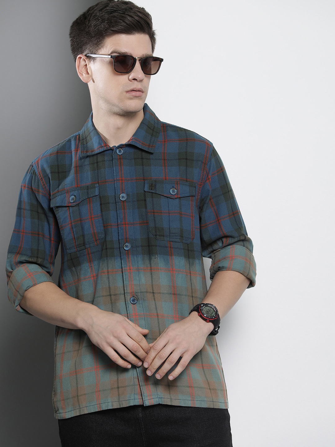 

The Indian Garage Co Men Opaque Checked Cotton Casual Shirt, Blue