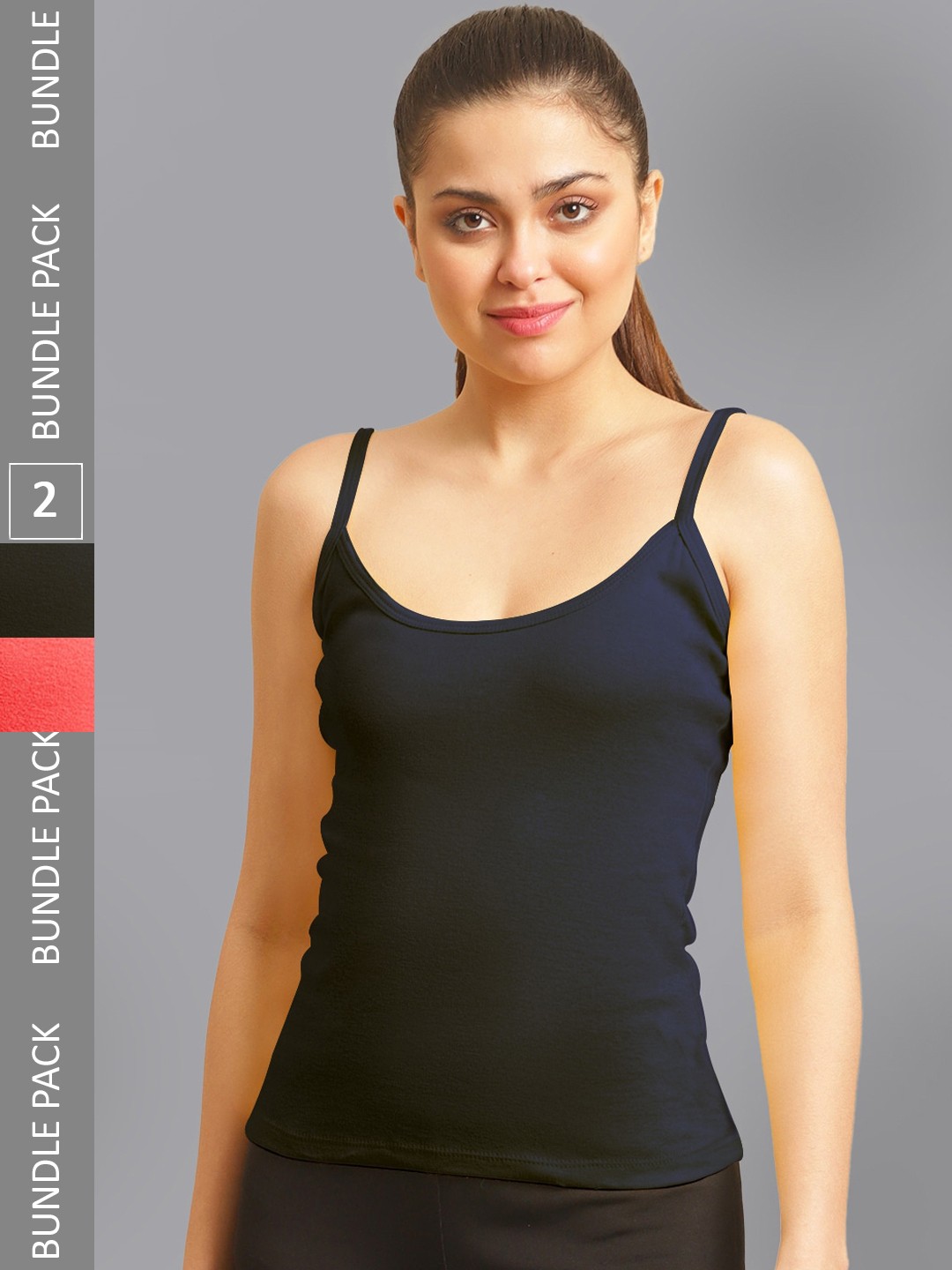 

FBAR Pack Of 2 Non-Padded Bio Wash Pure Cotton Camisoles, Navy blue