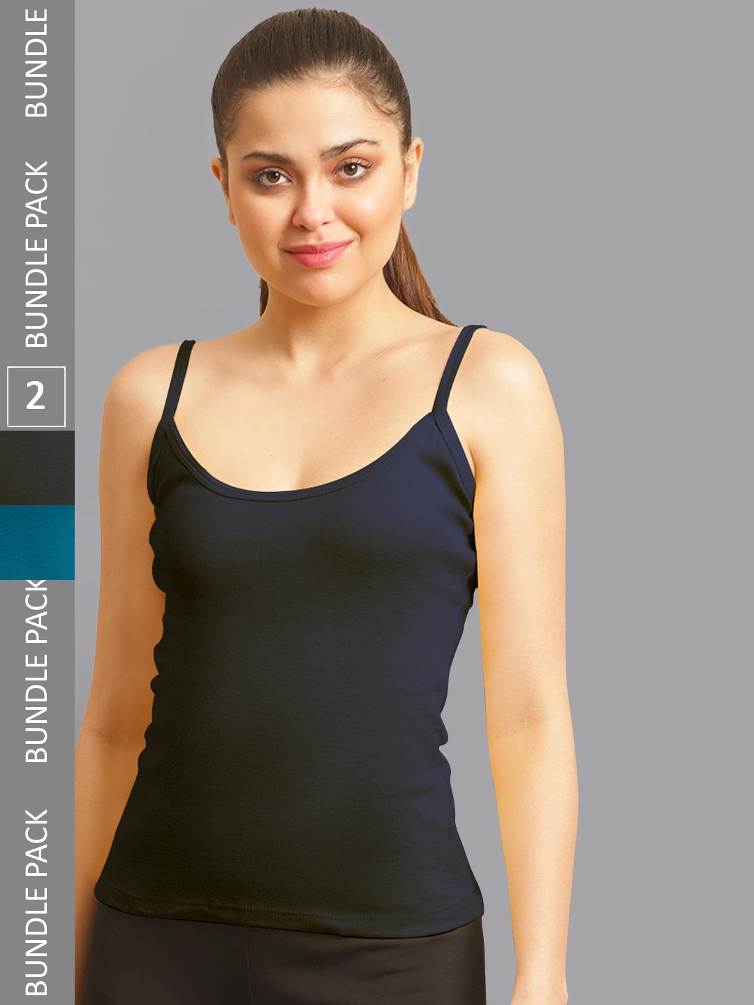 

FBAR Pack Of 2 Non-Padded Bio Wash Pure Cotton Camisoles, Navy blue