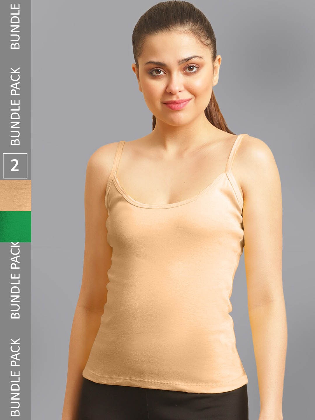 FBAR Pack Of 2 Non-Padded Bio Wash Pure Cotton Camisoles, Green