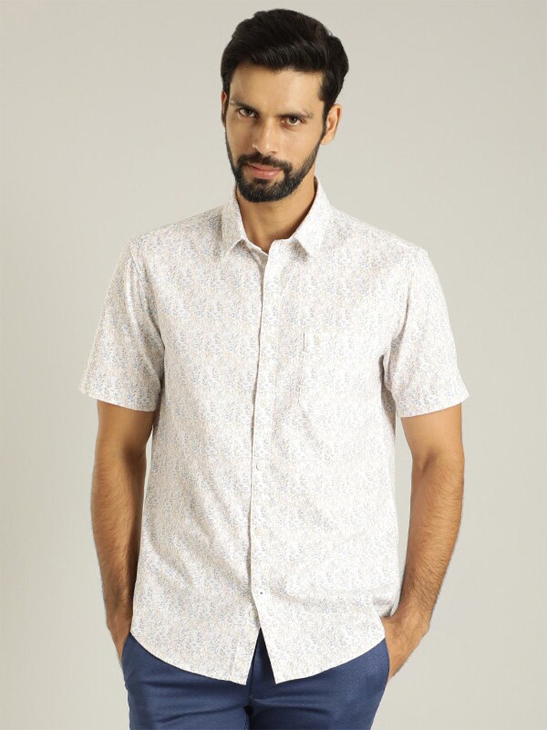 

Indian Terrain Classic Slim Fit Floral Printed Pure Cotton Casual Shirt, White