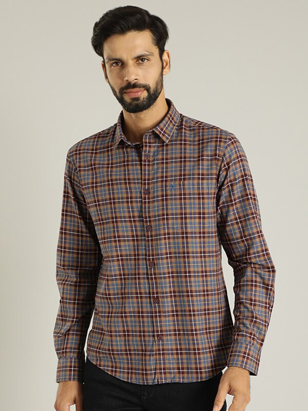 

Indian Terrain Classic Slim Fit Tartan Checks Spread Collar Pure Cotton Casual Shirt, Maroon