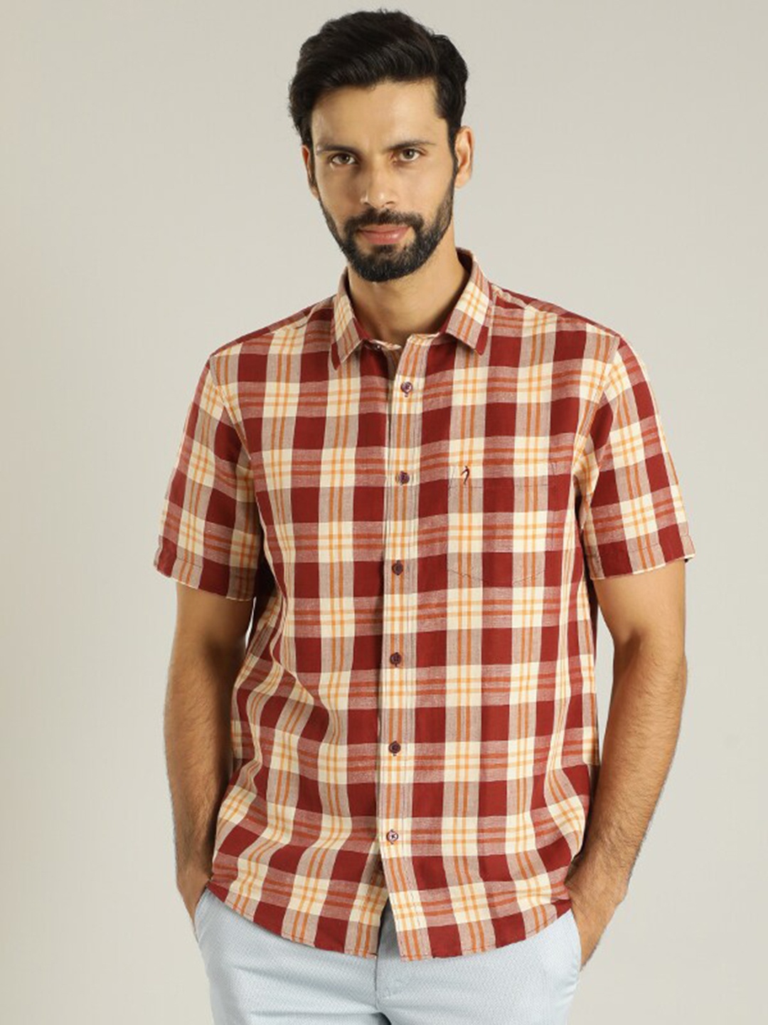 

Indian Terrain Classic Tartan Checked Pure Linen Slim Fit Casual Shirt, Red