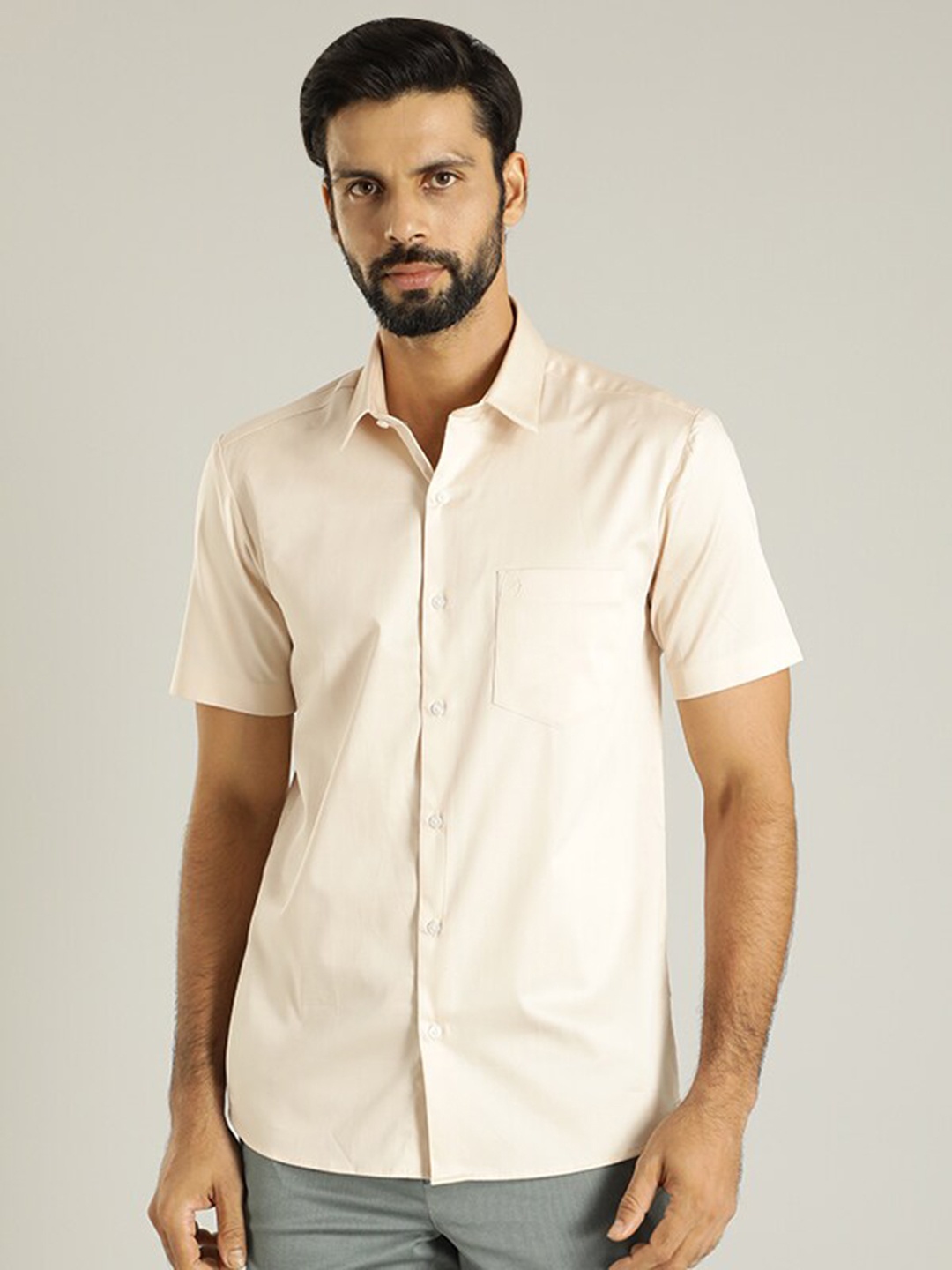 

Indian Terrain Spread Collar Classic Slim Fit Opaque Cotton Casual Shirt, Cream